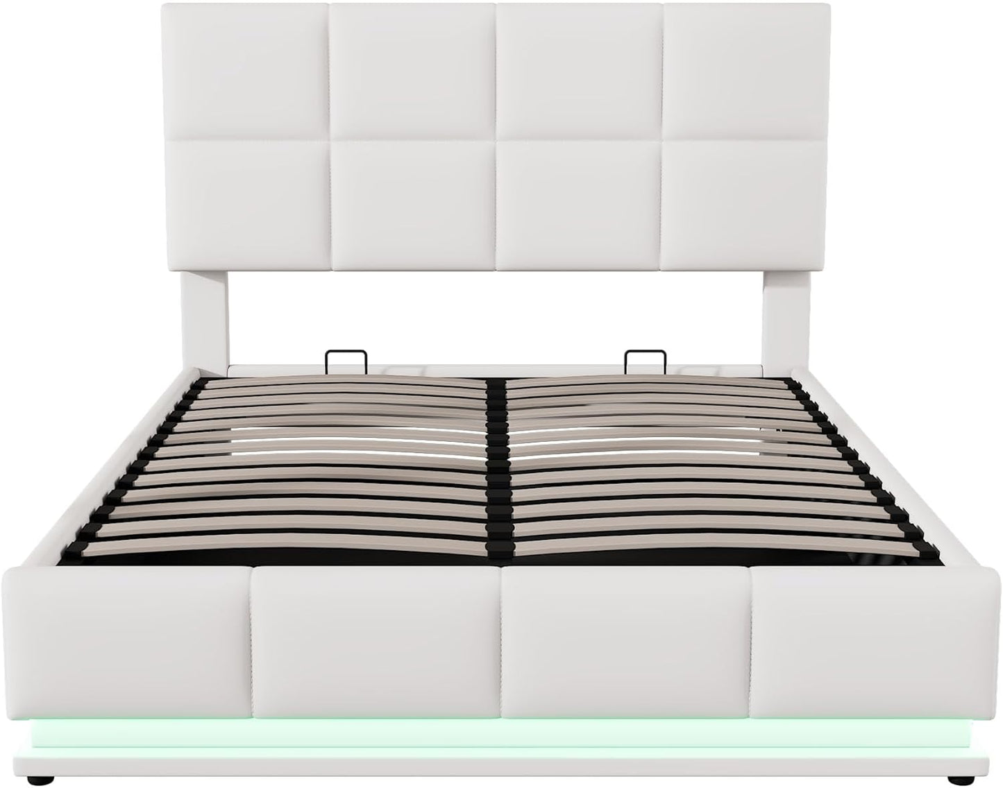 Full-Size Tufted Upholstered Platform Bed with Hydraulic Storage, LED Lights & USB Charger, Premium White PU Leather