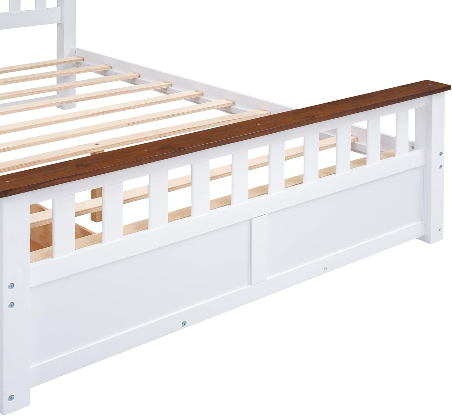 Full Size Wood Platform Bed with Two Drawers and Wooden Slat Support, White+Walnut