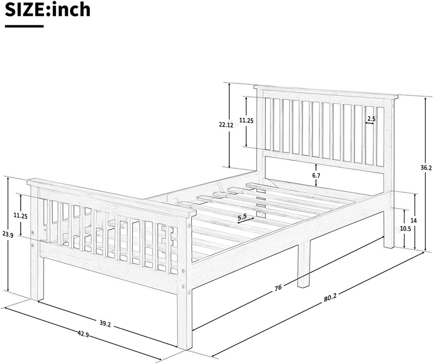 Twin Size Wood Platform Bed with Headboard and Footboard, 100% Pine Wood Frame, Strong Slat Support - Espresso, 80.2”L X 42.9”W X 36.2”H