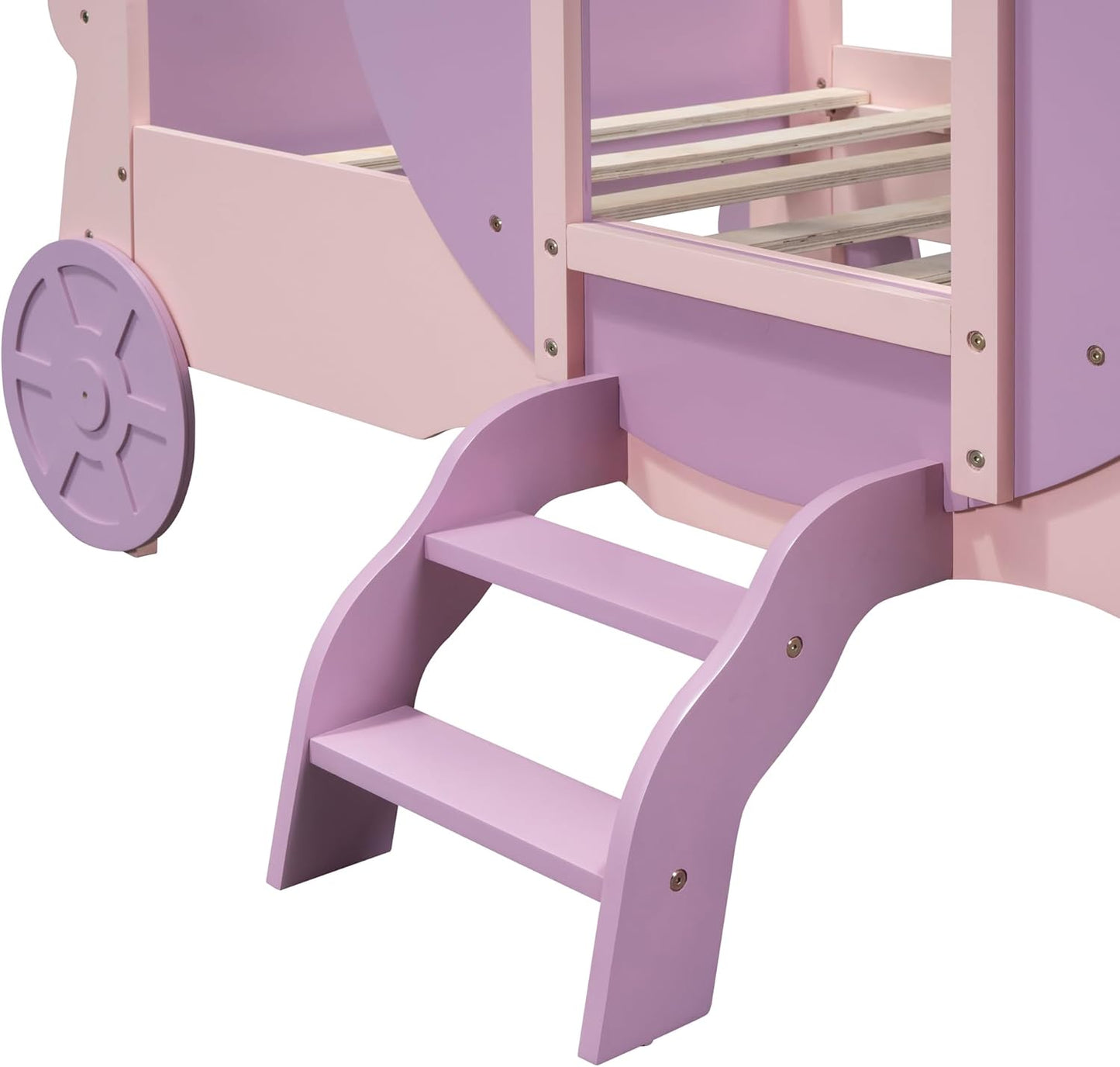 Princess Carriage Bed Frame with Crown, Twin Size Wood Platform Car Bed with Stair, Purple+Pink - Ideal Child's Bed