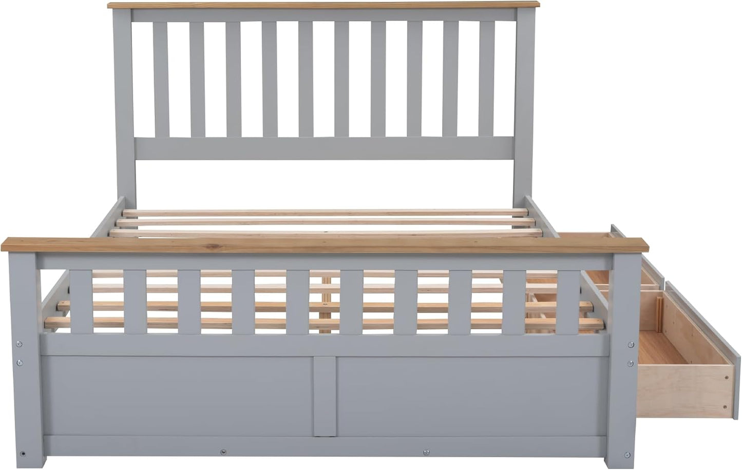 Full Size Wood Platform Bed with Two Drawers and Wooden Slat Support, White+Walnut