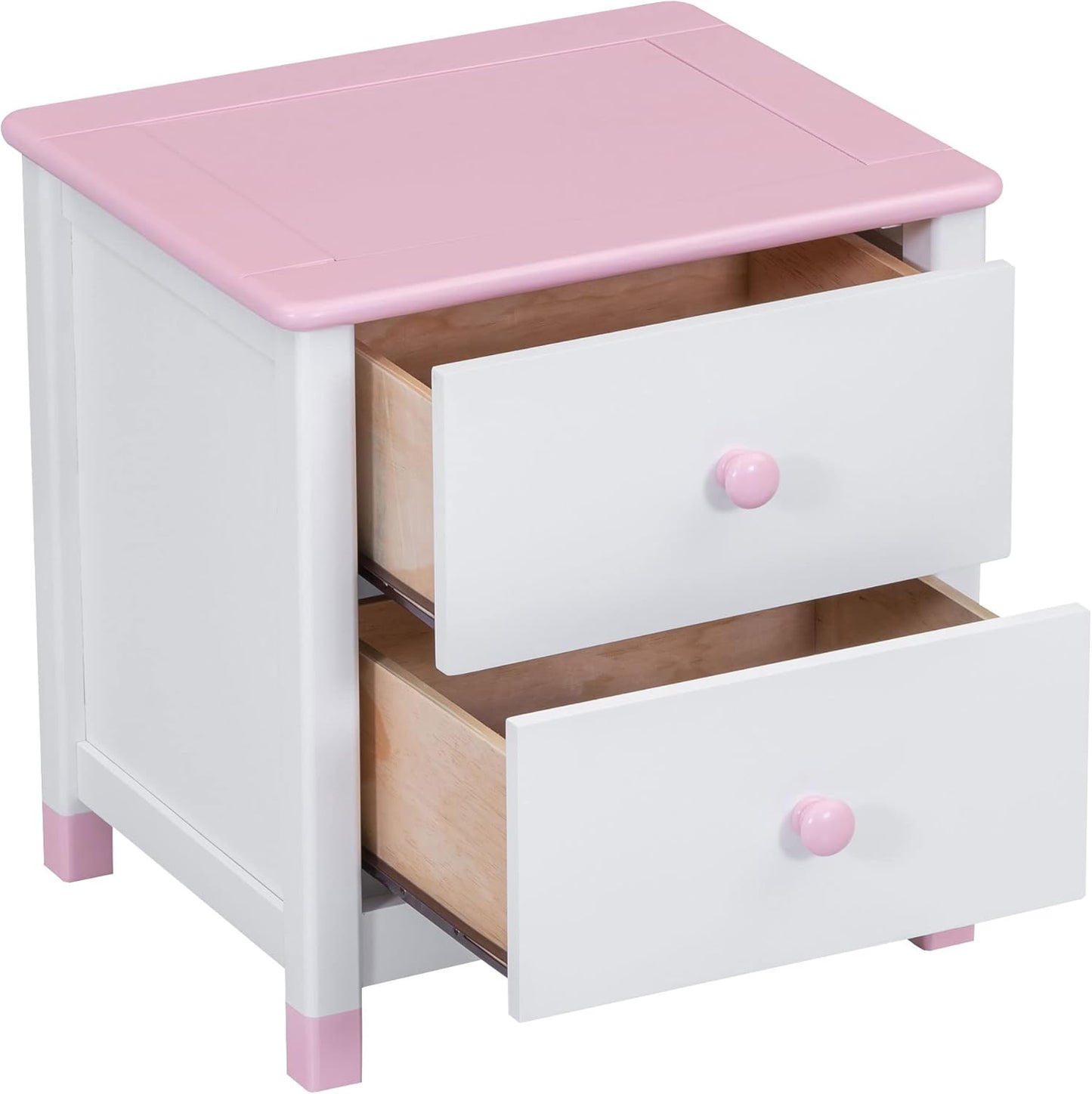 Kids Wooden Nightstand in Cream+Pink-2 Drawers End Table for Bedroom, Durable & Stylish Bedside Furniture