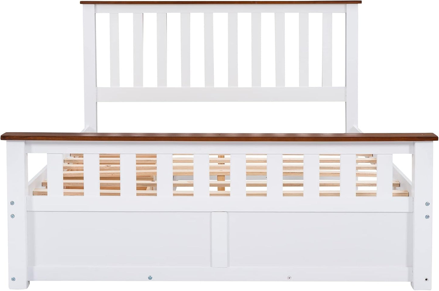 Full Size Wood Platform Bed with Two Drawers and Wooden Slat Support, White+Walnut