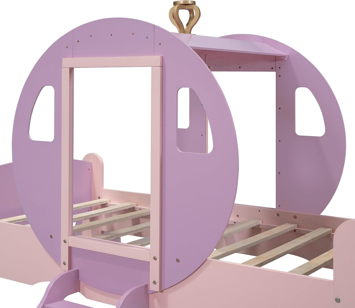 Princess Carriage Bed Frame with Crown, Twin Size Wood Platform Car Bed with Stair, Purple+Pink - Ideal Child's Bed