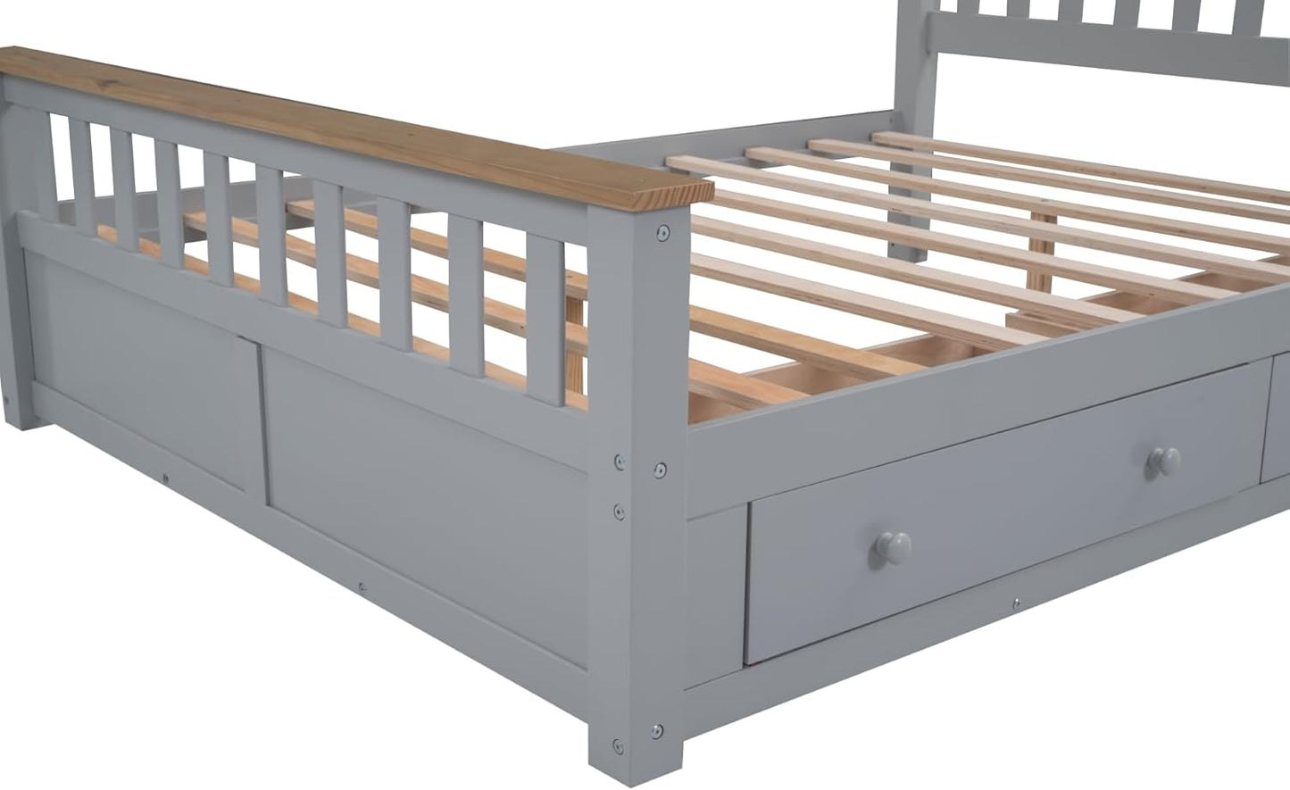 Full Size Wood Platform Bed with Two Drawers and Wooden Slat Support, White+Walnut