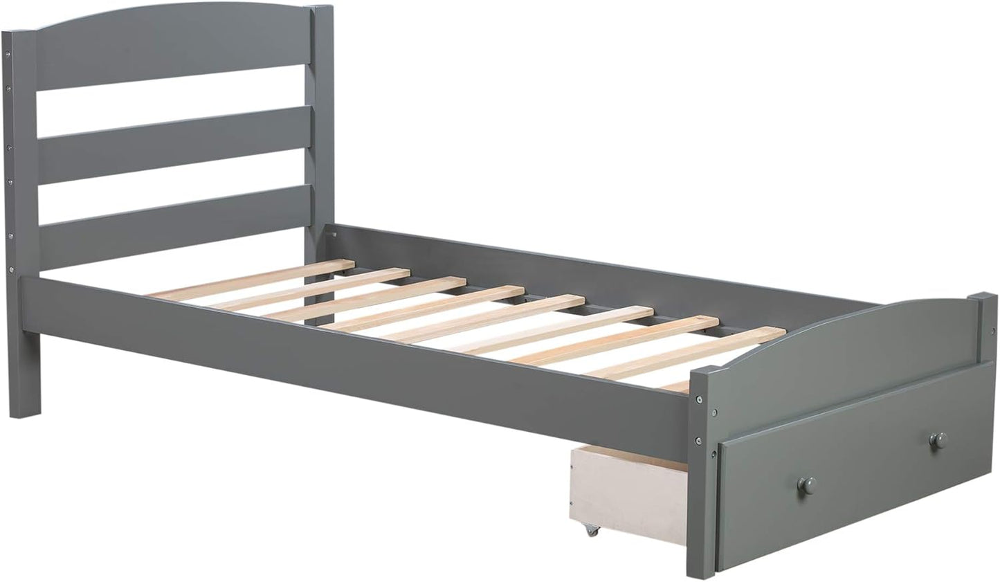 Twin Size Wood Platform Bed with Headboard and Footboard, 100% Pine Wood Frame, Strong Slat Support - Espresso, 80.2”L X 42.9”W X 36.2”H