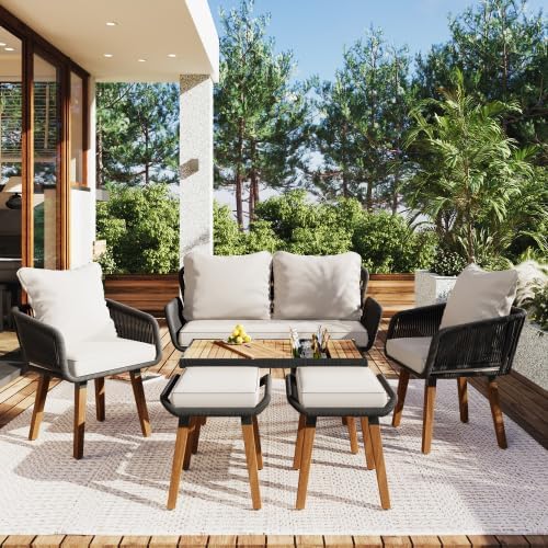 Outdoor Furniture Set of 6,Wicker Chairs, Rattan Patio Conversation Cool Bar Table and Ice Bucket for Backyard Porch Balcony, sectional Set, Beige+Black