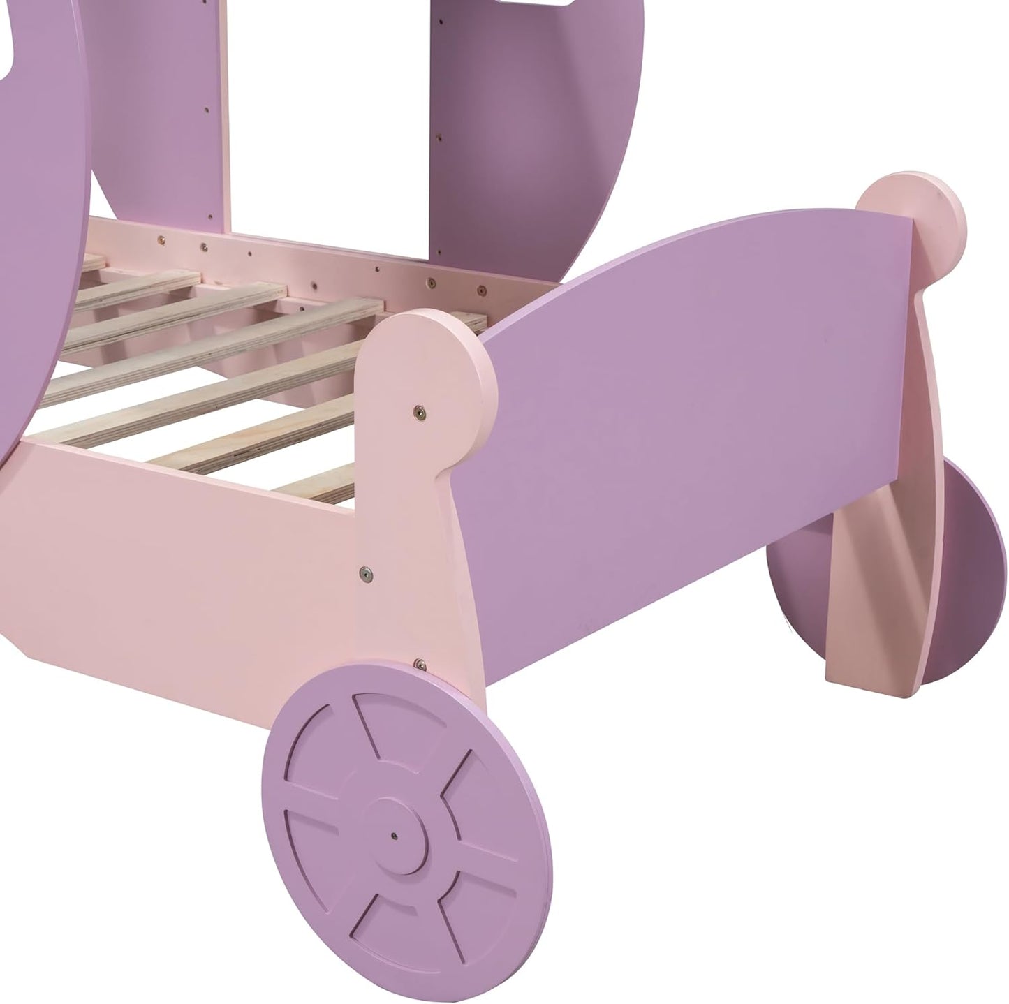 Princess Carriage Bed Frame with Crown, Twin Size Wood Platform Car Bed with Stair, Purple+Pink - Ideal Child's Bed