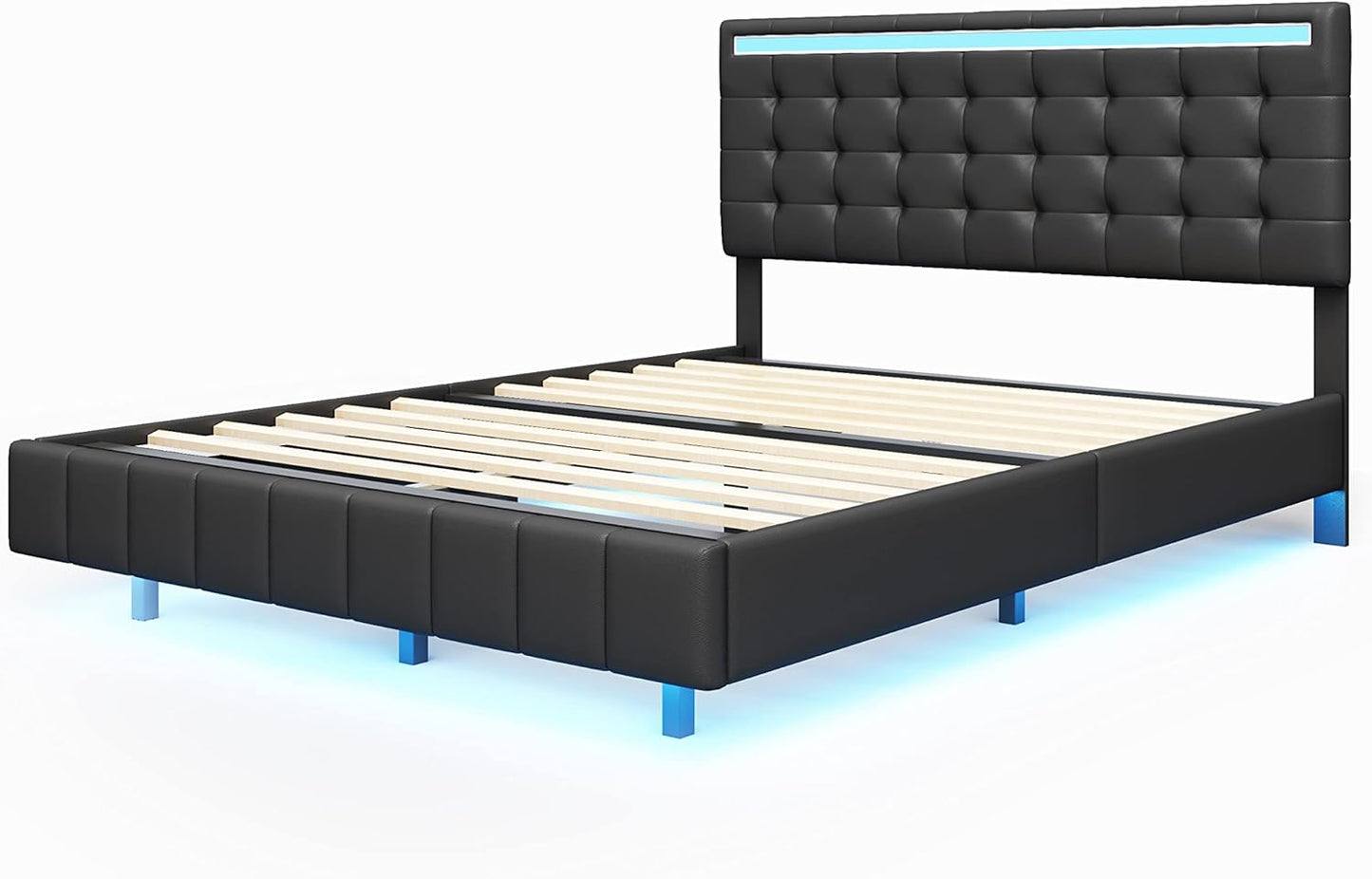 Queen Size Floating Lights and USB Charging,Modern Upholstered Platform LED Bed Frame,Black, Black2