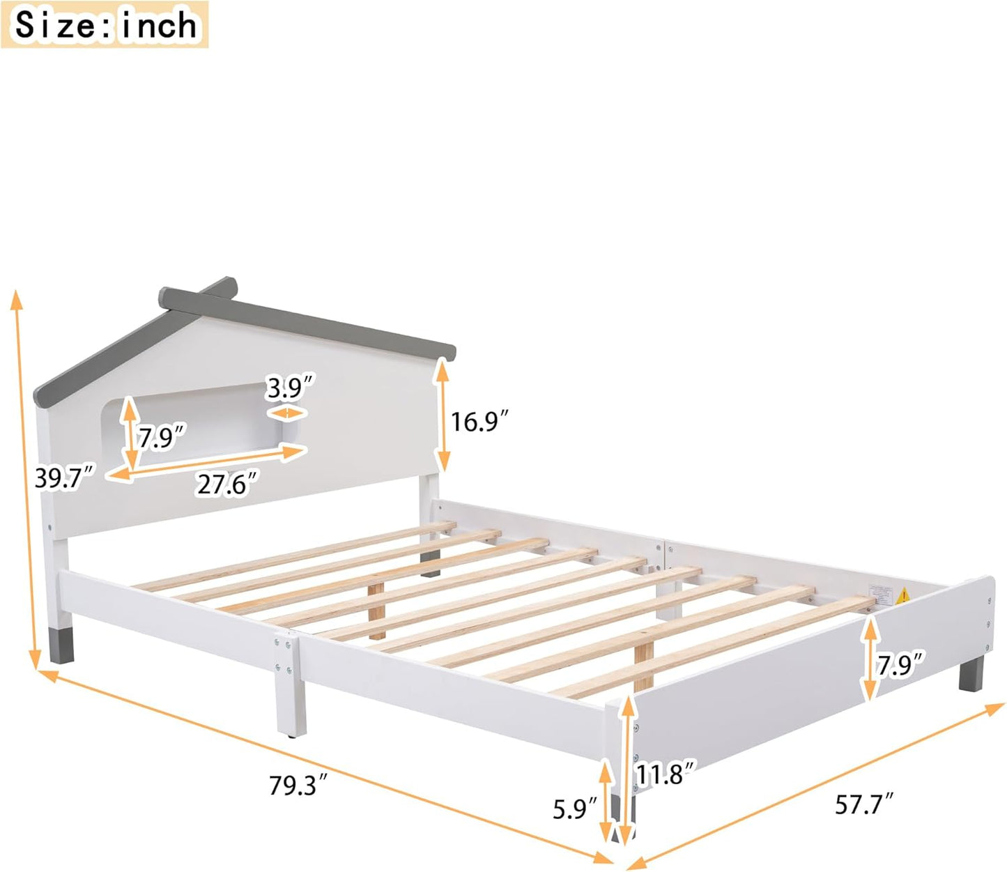 Bed Frame with House-Shaped Headboard Twin Size Wood Platform Motion-Activated Night Lights (White+Gray) - Ideal for Child's Bedroom