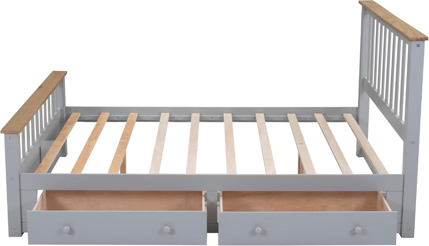 Full Size Wood Platform Bed with Two Drawers and Wooden Slat Support, White+Walnut