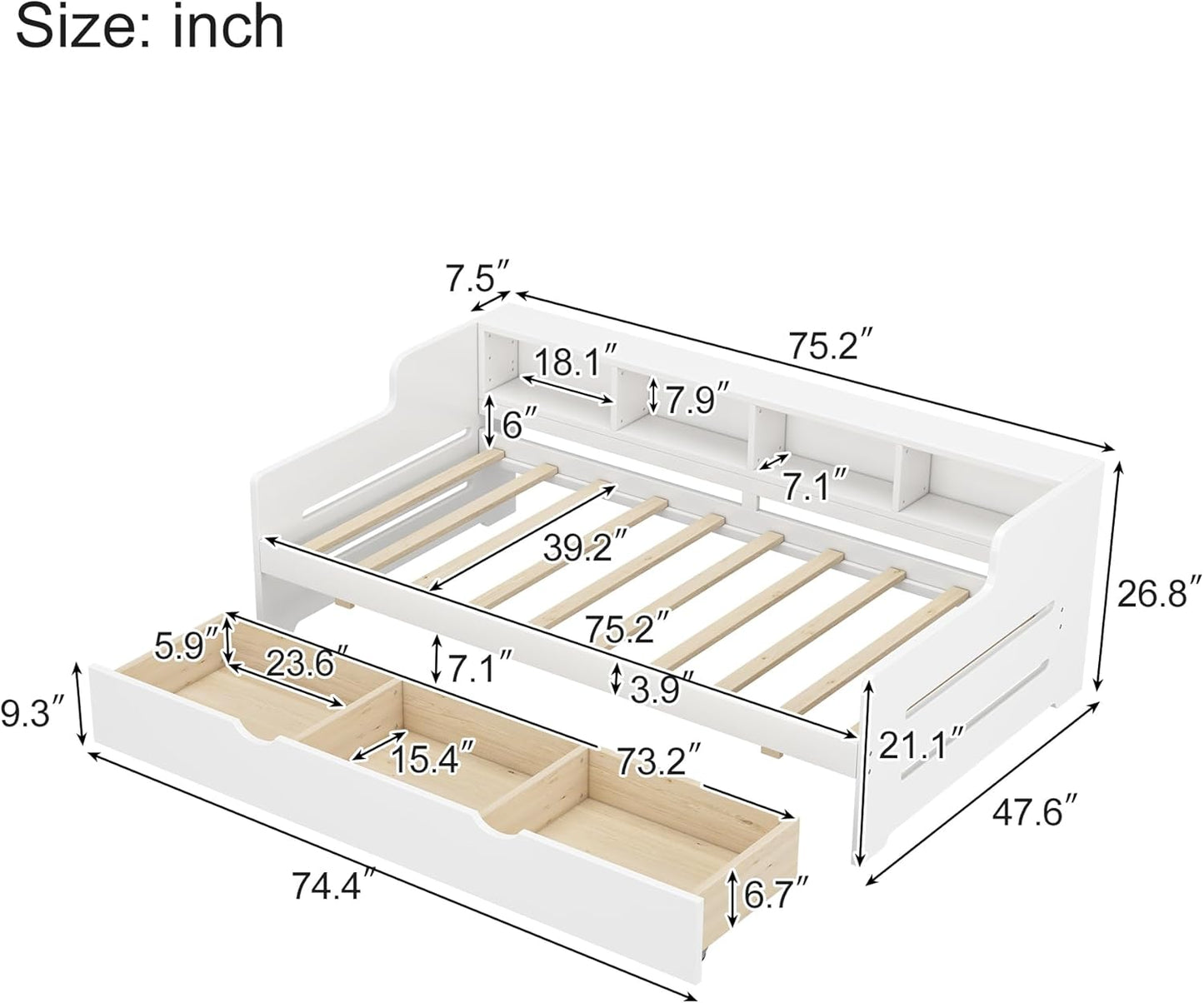 Twin White Size Wooden Day Bed with 3 Drawers for Guest, Small Bedroom, Study Room in Classic Design