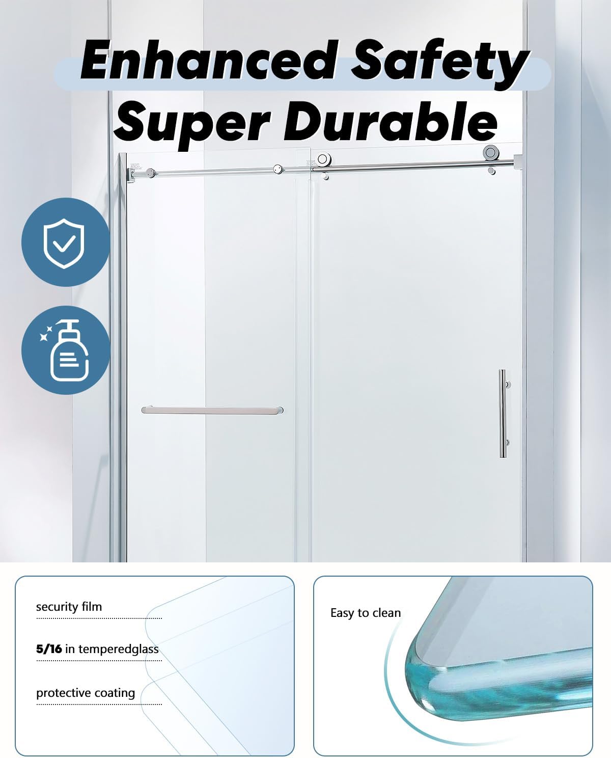 56-60" W x 75" H Semi-Frameless Single Sliding Shower Door, 304 Stainless Steel, Chrome Finish, 5/16" SGCC Tempered Clear Glass, Adjustable Width, Smooth Glide, Explosion-Proof, Easy Install