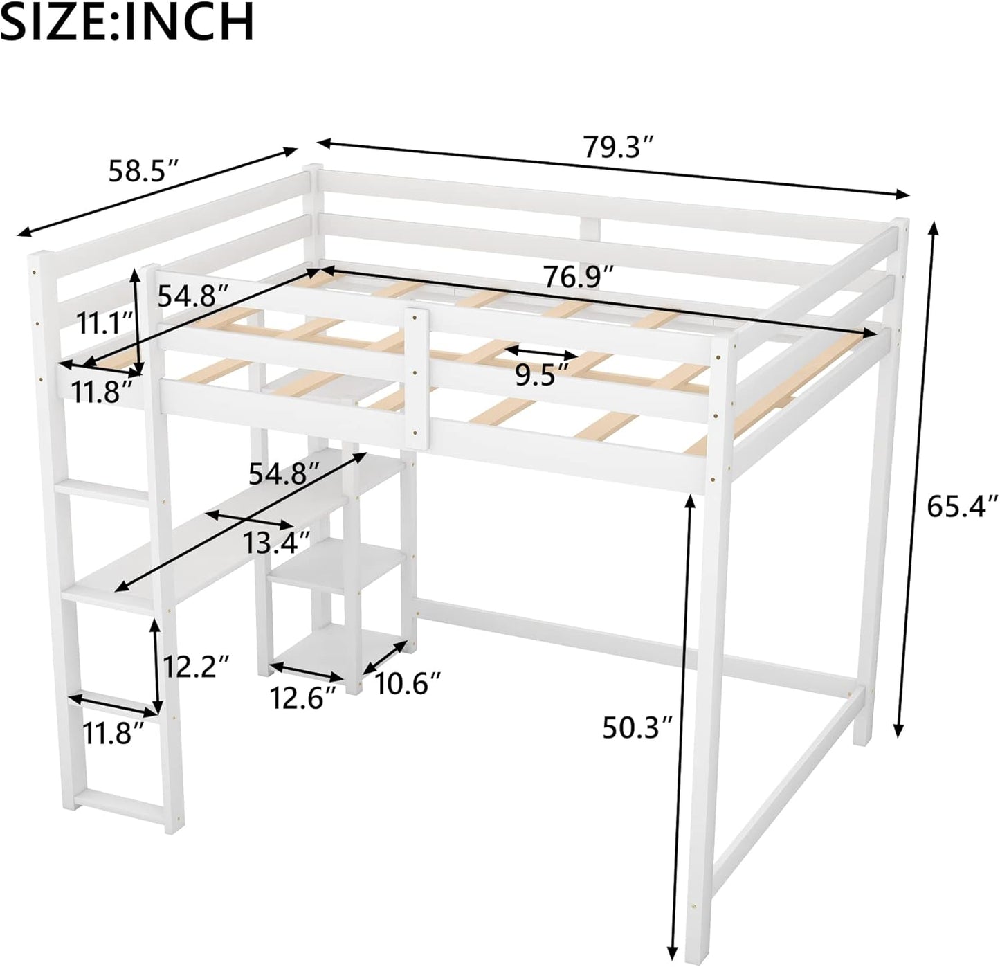 White Full-Size Loft Bed with Integrated Desk and Shelving Units, Space-Saving Design for Home and Dorm Use