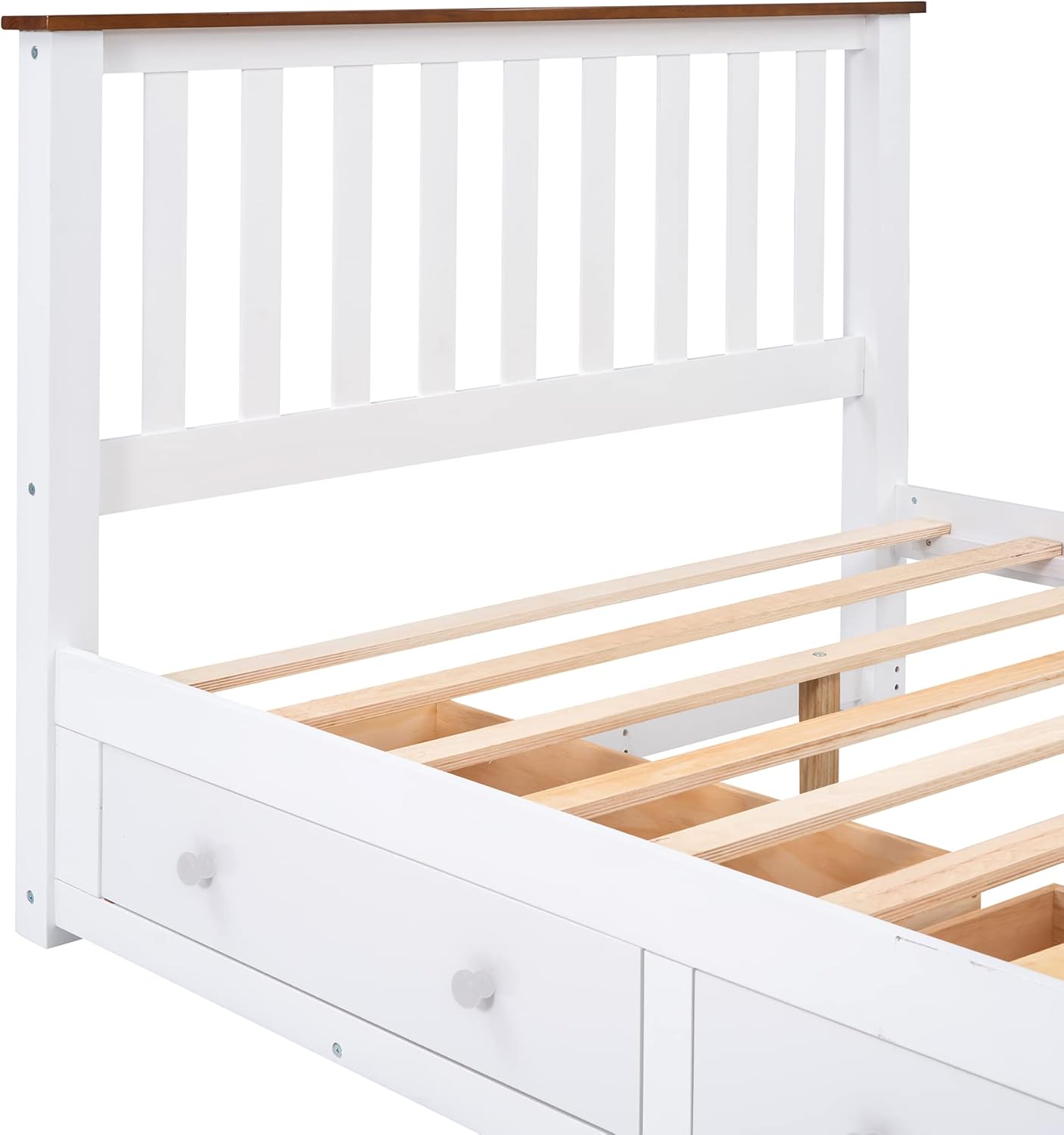 Full Size Wood Platform Bed with Two Drawers and Wooden Slat Support, White+Walnut