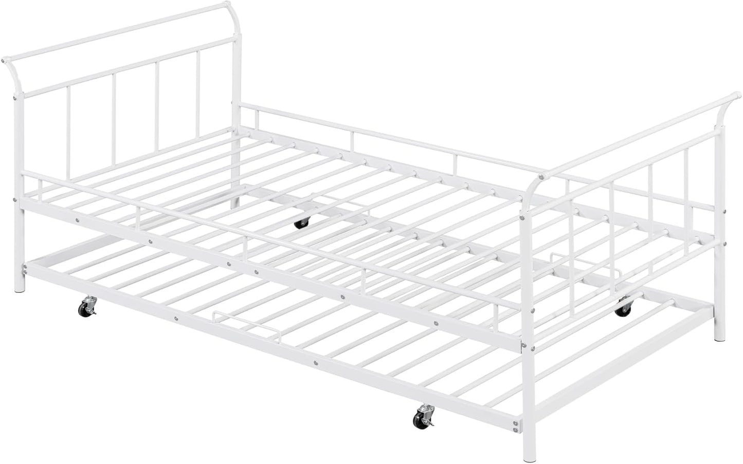 Full Size Metal Daybed - White, Elegant Curved Handle Design, Includes Convenient Pull-Out Twin Trundle