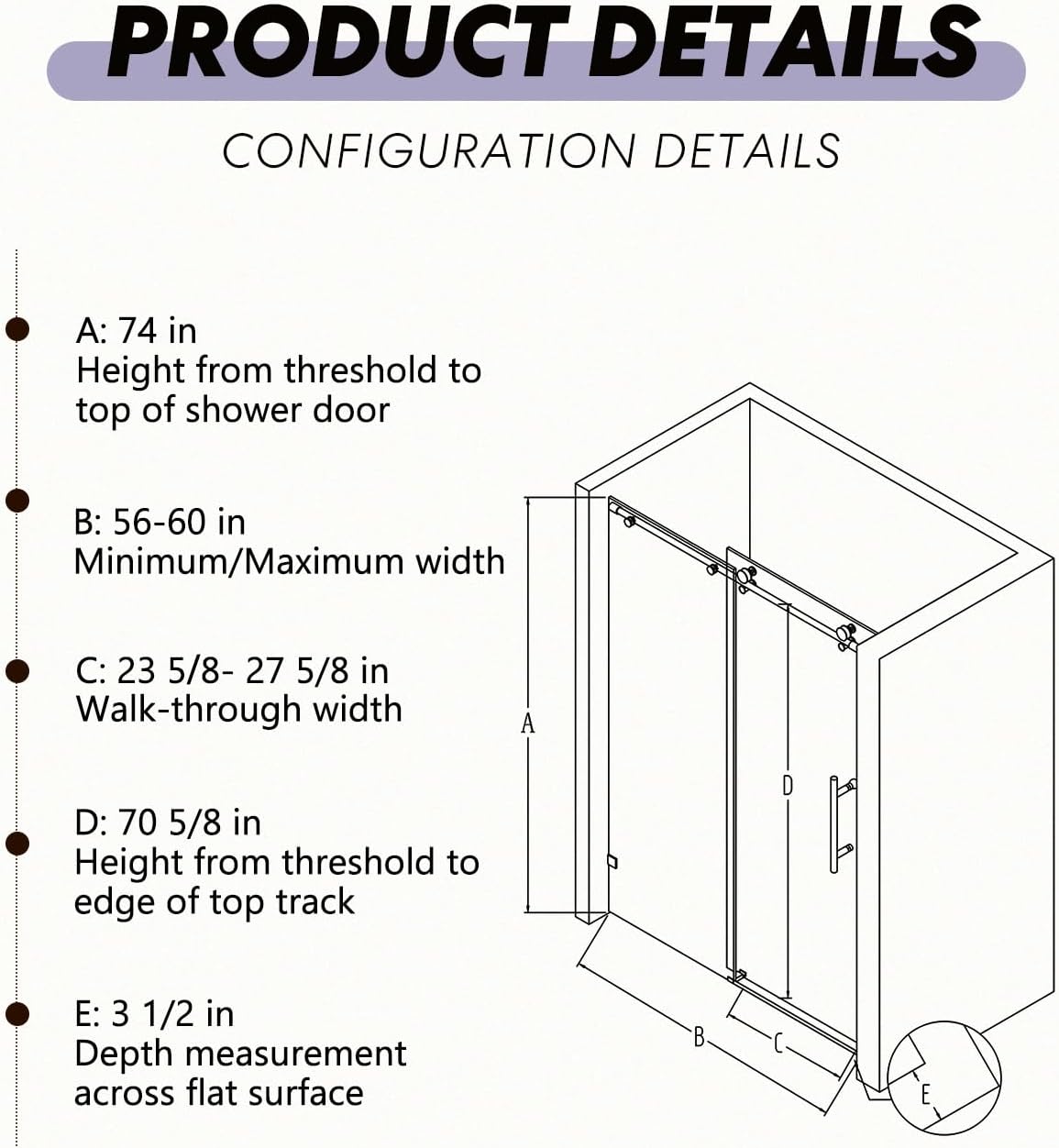 Frameless 56-60" W x 74" H Single Sliding Shower Door, Matte Black, 5/16" SGCC Tempered Glass, Soft-Close, Adjustable Width, Easy Install