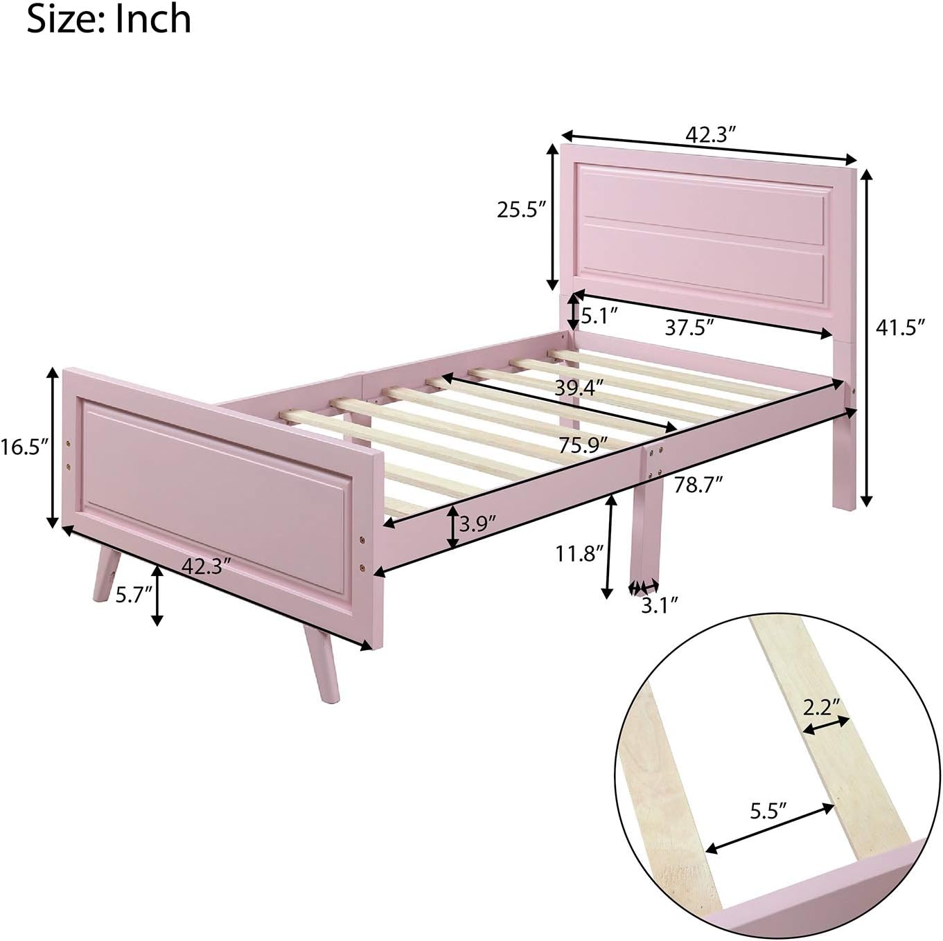 Twin Size Wood Platform Bed with Headboard and Footboard, 100% Pine Wood Frame, Strong Slat Support - Espresso, 80.2”L X 42.9”W X 36.2”H