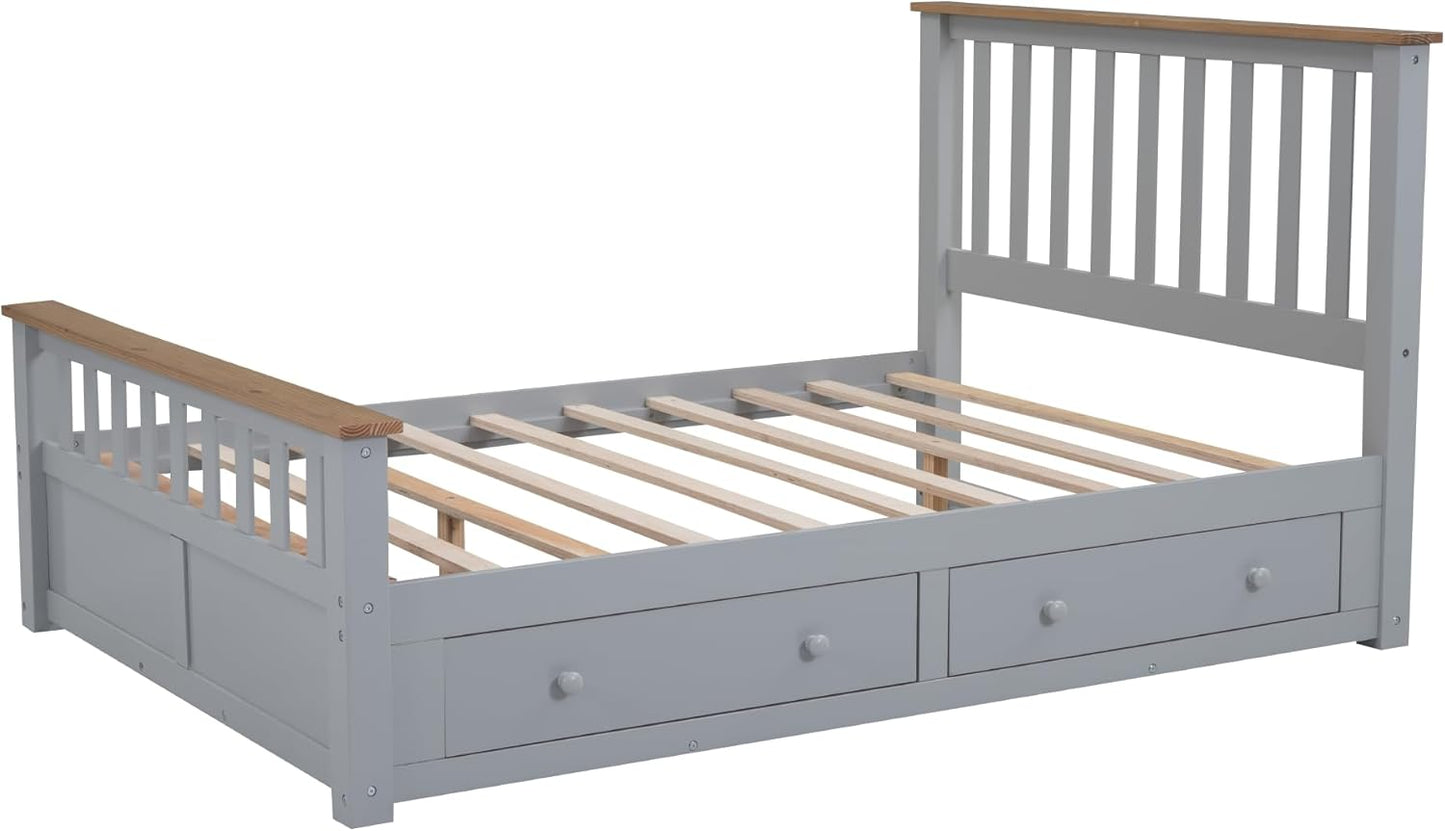 Full Size Wood Platform Bed with Two Drawers and Wooden Slat Support, White+Walnut