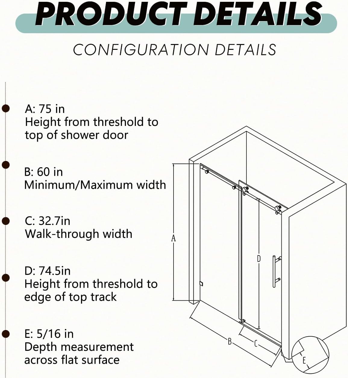 56-60"W x 75"H Semi-Frameless Single Sliding Shower Door, 304 Stainless Steel, Matte Black Finish, 5/16"SGCC Tempered Clear Glass, Adjustable Width, Explosion-Proof, Smooth Glide, Easy Install