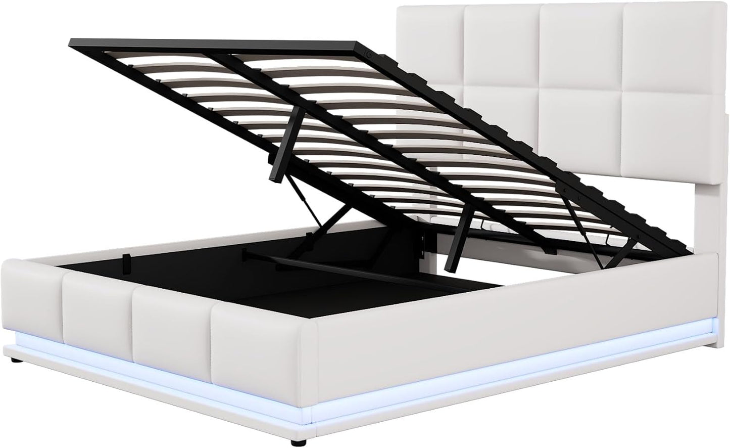 Full-Size Tufted Upholstered Platform Bed with Hydraulic Storage, LED Lights & USB Charger, Premium White PU Leather