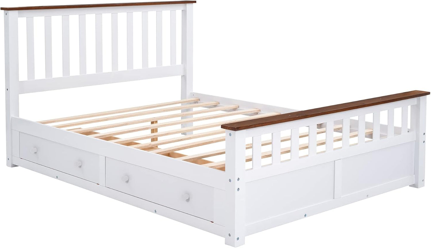 Full Size Wood Platform Bed with Two Drawers and Wooden Slat Support, White+Walnut