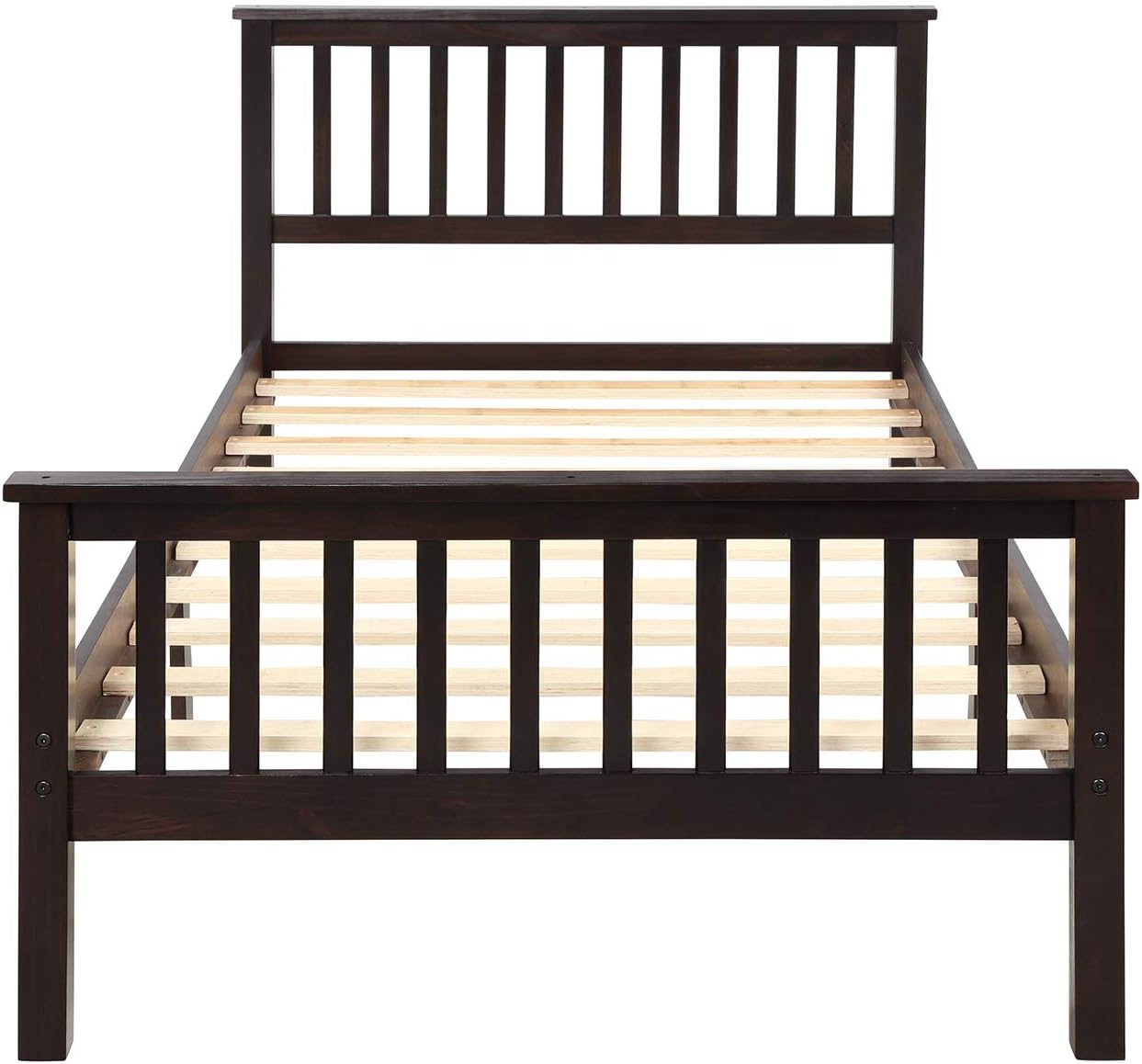 Twin Size Wood Platform Bed with Headboard and Footboard, 100% Pine Wood Frame, Strong Slat Support - Espresso, 80.2”L X 42.9”W X 36.2”H