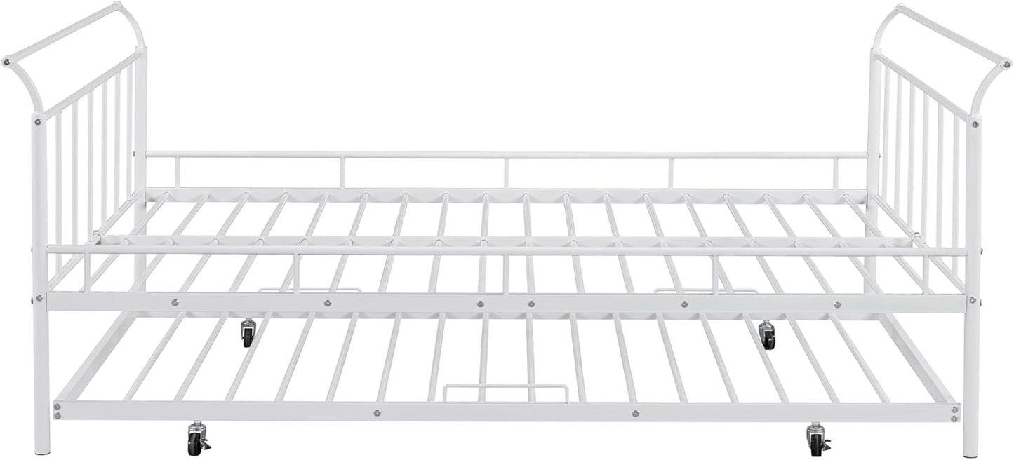 Full Size Metal Daybed - White, Elegant Curved Handle Design, Includes Convenient Pull-Out Twin Trundle