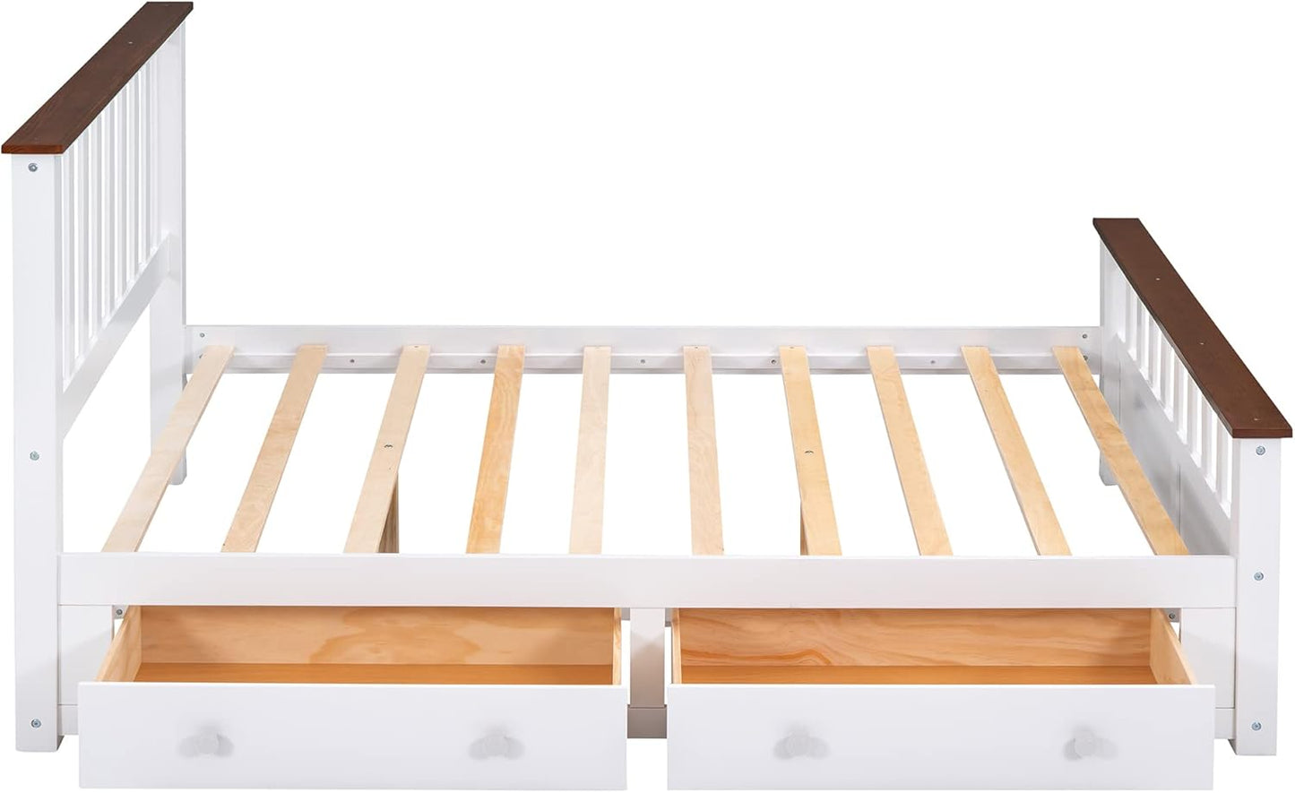 Full Size Wood Platform Bed with Two Drawers and Wooden Slat Support, White+Walnut