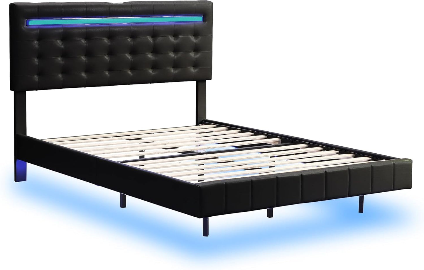 Queen Size Floating Lights and USB Charging,Modern Upholstered Platform LED Bed Frame,Black, Black2