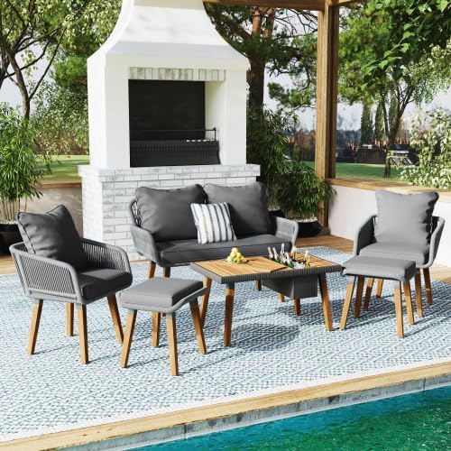 Outdoor Furniture Set of 6,Wicker Chairs, Rattan Patio Conversation Cool Bar Table and Ice Bucket for Backyard Porch Balcony, sectional Set, Beige+Black