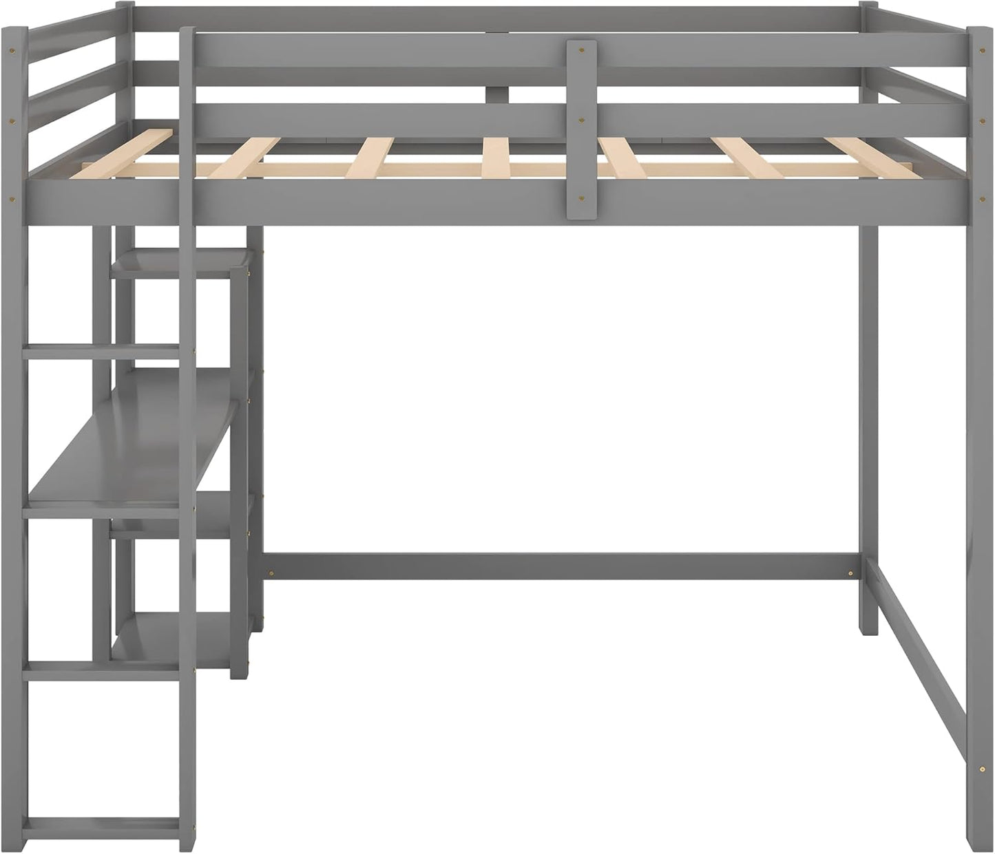 White Full-Size Loft Bed with Integrated Desk and Shelving Units, Space-Saving Design for Home and Dorm Use