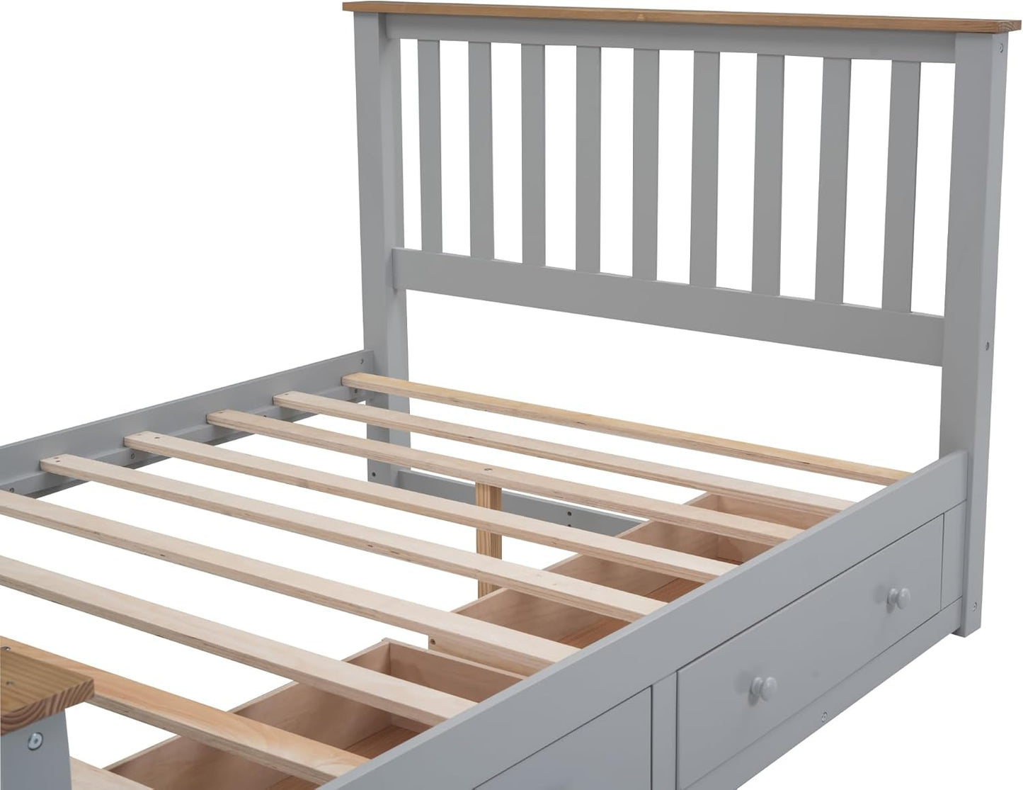 Full Size Wood Platform Bed with Two Drawers and Wooden Slat Support, White+Walnut