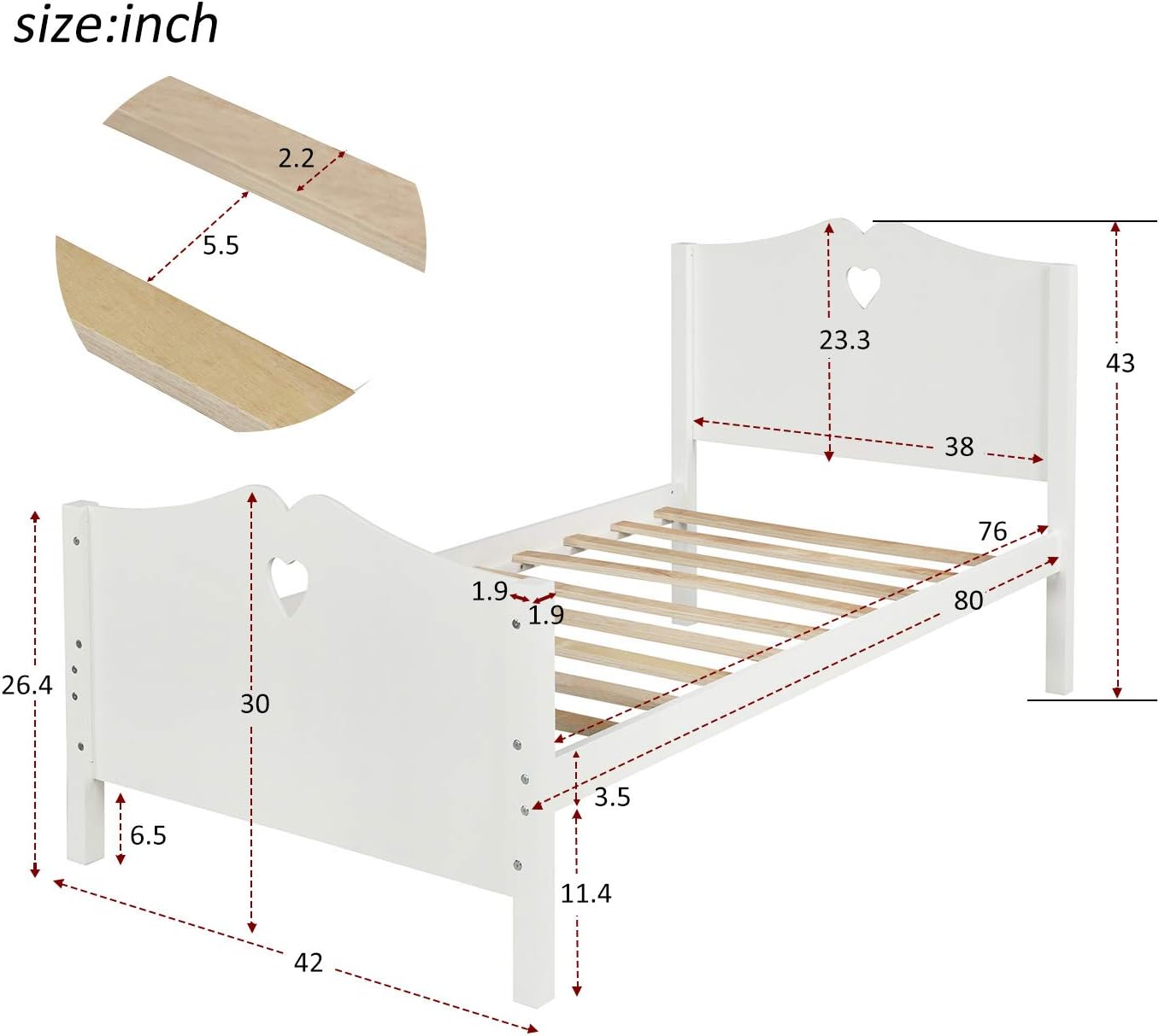 Classic Twin Size Wood Platform Bed with Headboard, Footboard, and Strong Wood Slat Support - Elegant Pink Design, 80”L X 42”W X 43”H