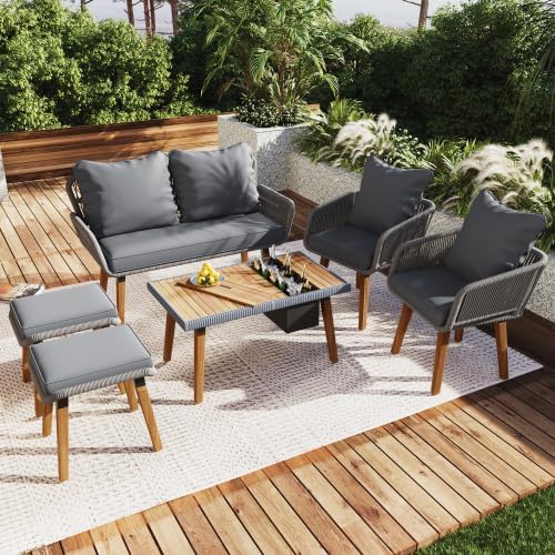 Outdoor Furniture Set of 6,Wicker Chairs, Rattan Patio Conversation Cool Bar Table and Ice Bucket for Backyard Porch Balcony, sectional Set, Beige+Black