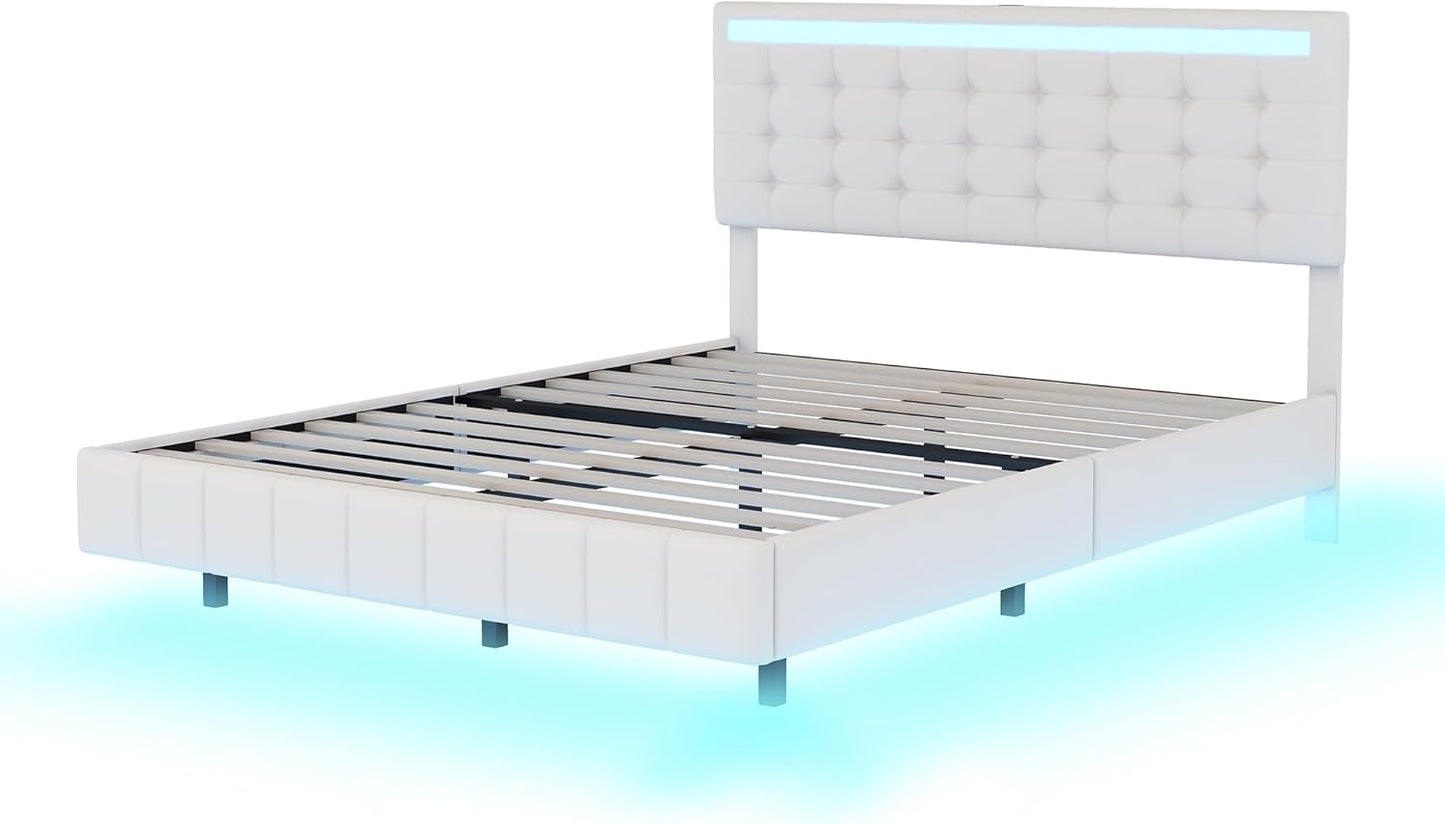 Queen Size Floating Lights and USB Charging,Modern Upholstered Platform LED Bed Frame,Black, Black2