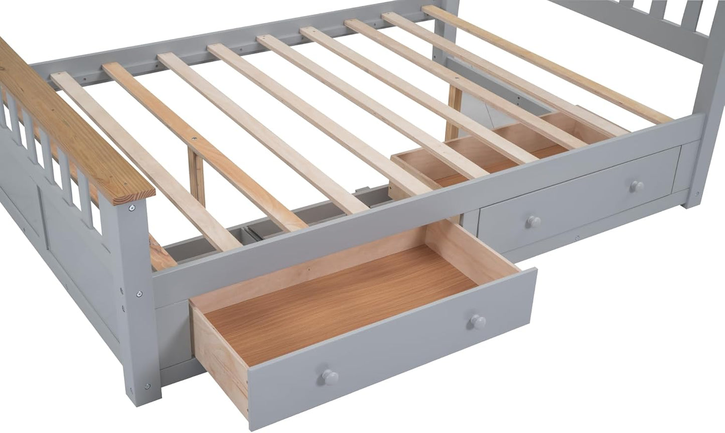 Full Size Wood Platform Bed with Two Drawers and Wooden Slat Support, White+Walnut