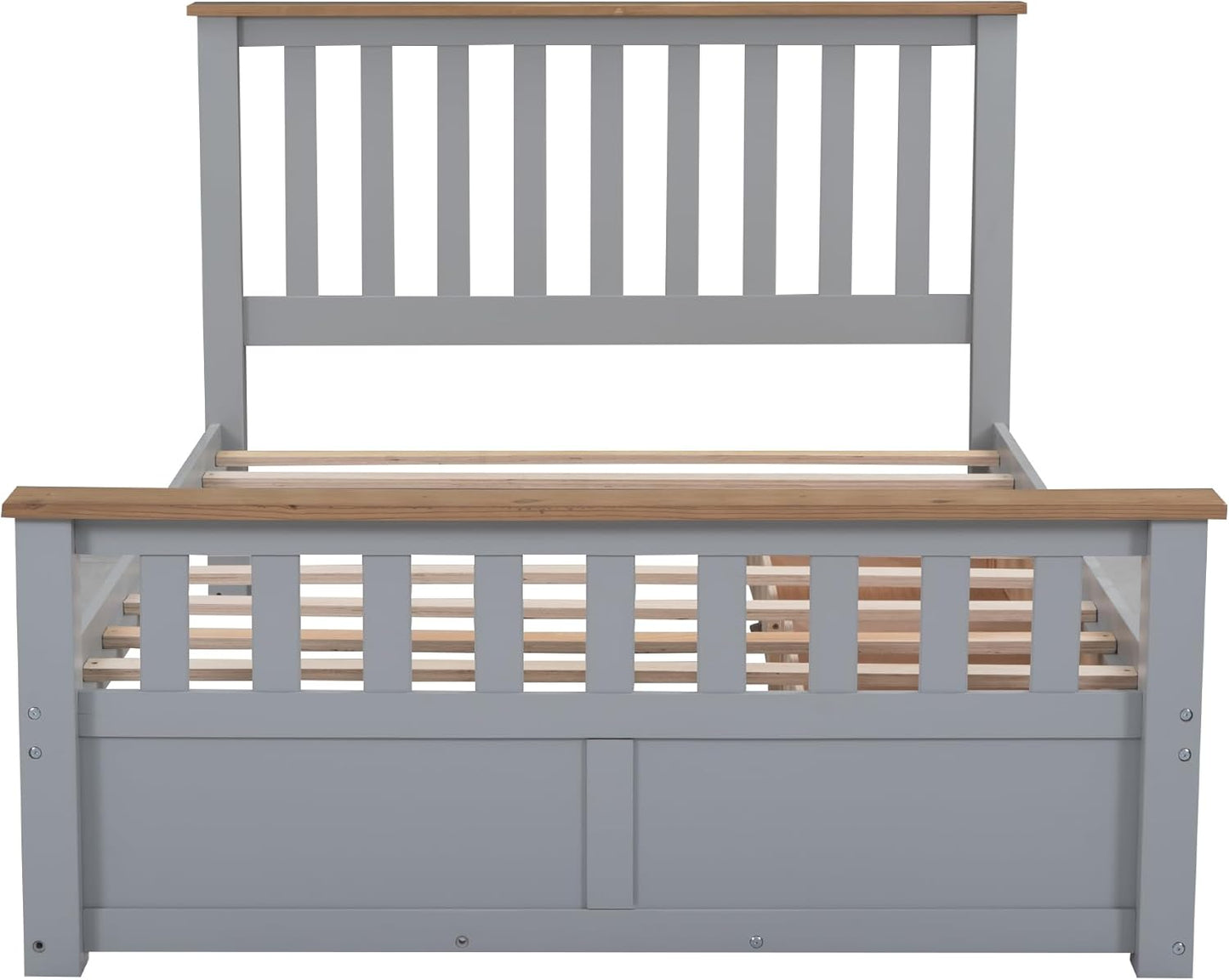 Full Size Wood Platform Bed with Two Drawers and Wooden Slat Support, White+Walnut