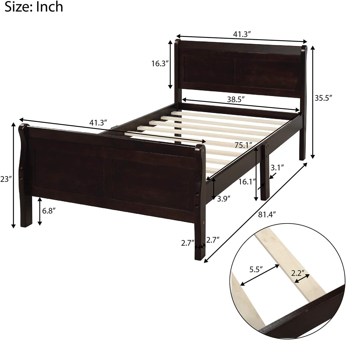 Twin Size Wood Platform Bed with Headboard and Footboard, 100% Pine Wood Frame, Strong Slat Support - Espresso, 80.2”L X 42.9”W X 36.2”H