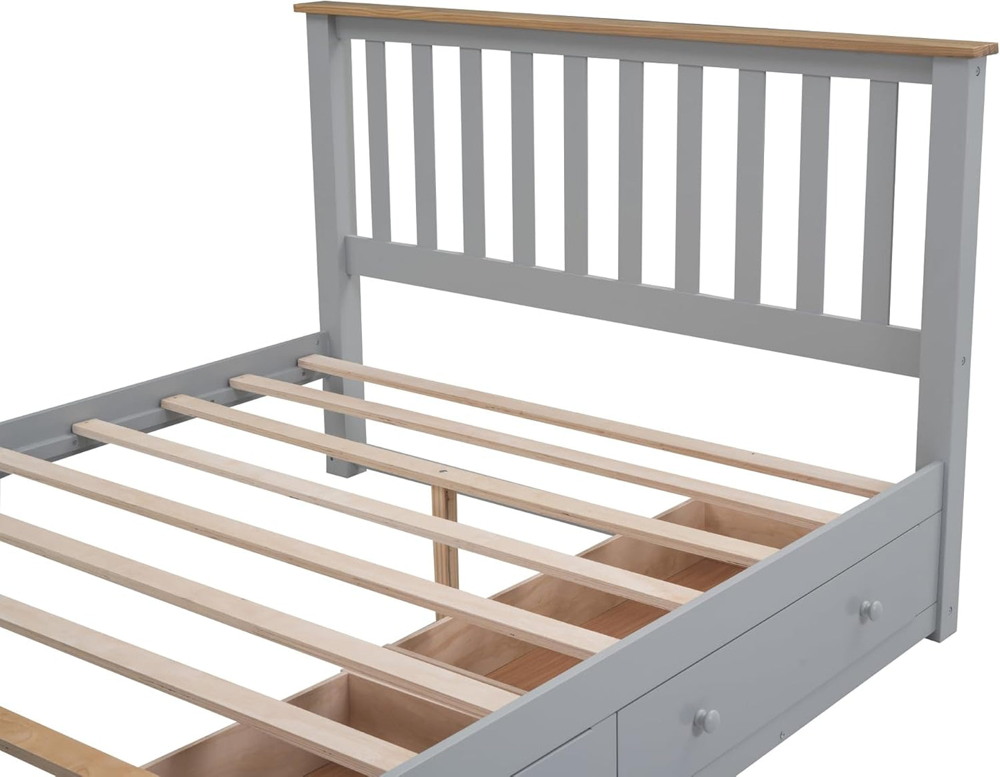 Full Size Wood Platform Bed with Two Drawers and Wooden Slat Support, White+Walnut