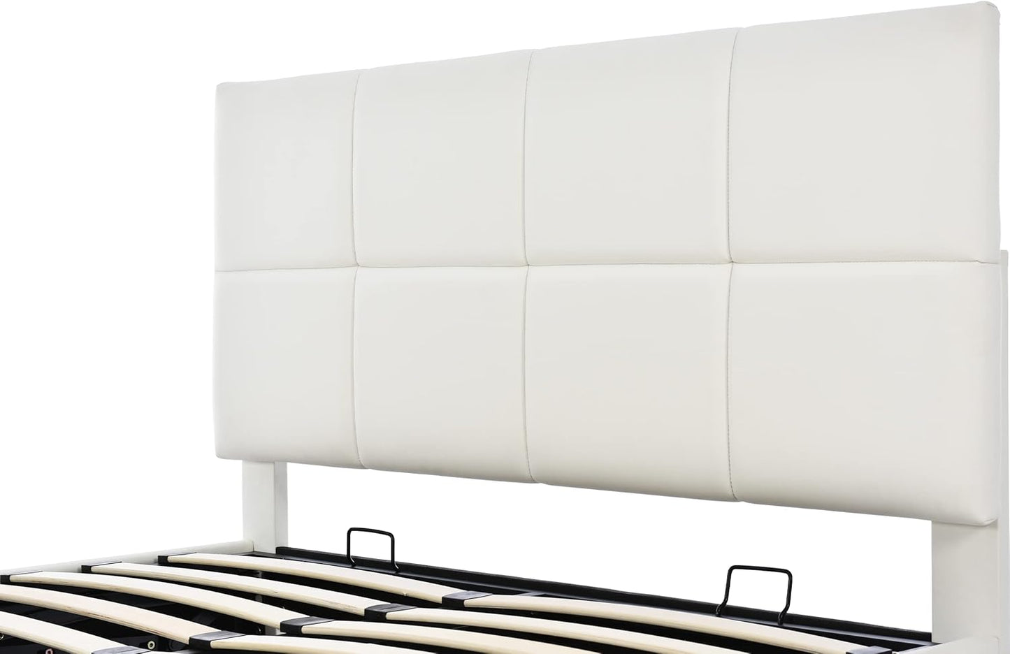 Full-Size Tufted Upholstered Platform Bed with Hydraulic Storage, LED Lights & USB Charger, Premium White PU Leather