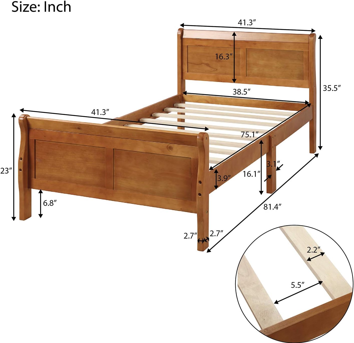 Twin Size Wood Platform Bed with Headboard and Footboard, 100% Pine Wood Frame, Strong Slat Support - Espresso, 80.2”L X 42.9”W X 36.2”H