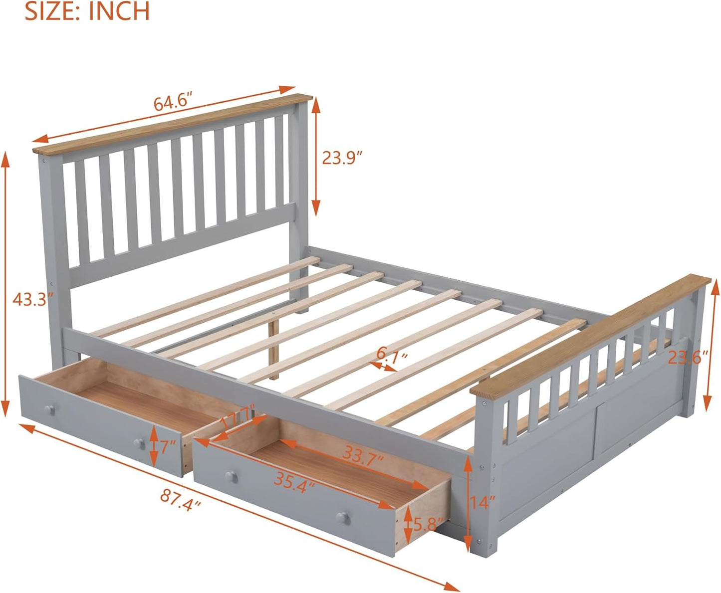 Full Size Wood Platform Bed with Two Drawers and Wooden Slat Support, White+Walnut