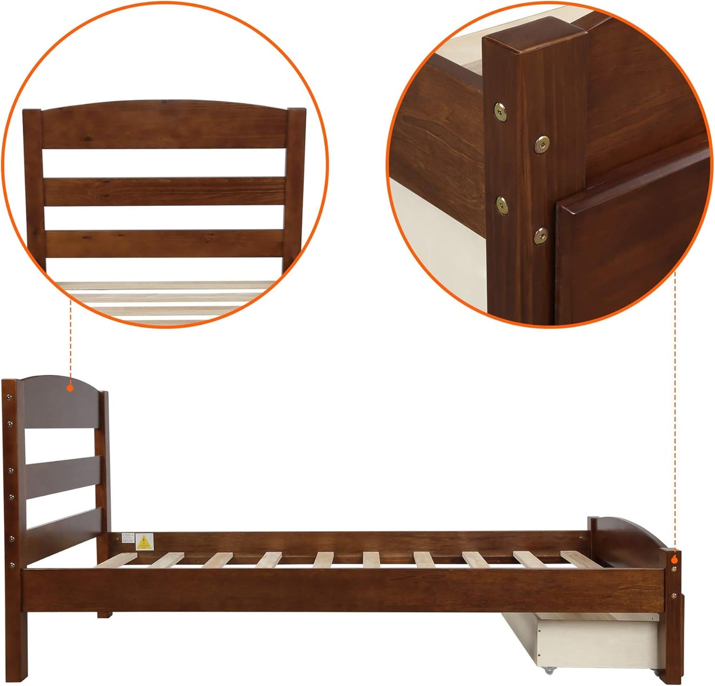 Twin Size Wood Platform Bed with Headboard and Footboard, 100% Pine Wood Frame, Strong Slat Support - Espresso, 80.2”L X 42.9”W X 36.2”H