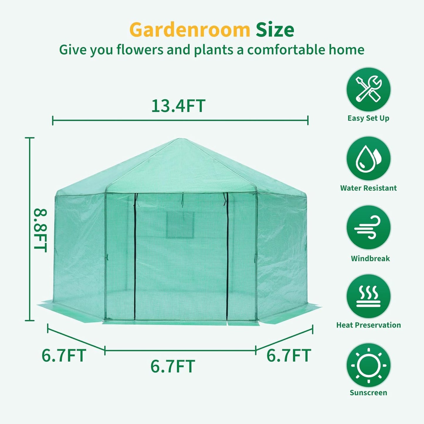 Greenhouse - Walk-in Hexagonal 13.1 * 8.6 ft, Upgraded Reinforced Frame, Heavy-Duty Plastic, Thickened Waterproof & Insulated, Ideal for Extended Growing Seasons