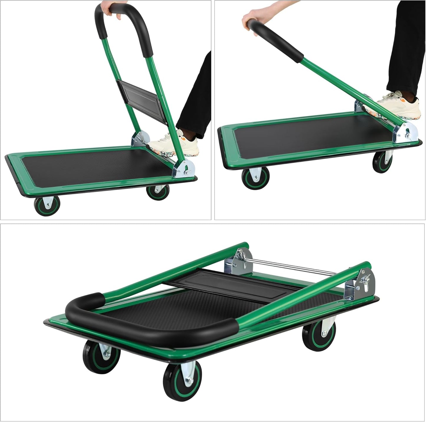 Push Cart, Heavy Duty Moving Platform Hand Truck with 330 lbs Capacity, Upgraded Foldable and Space-Saving Collapsible Design, Flat Bed Wagon, 360 Degree Swivel Wheels, Green