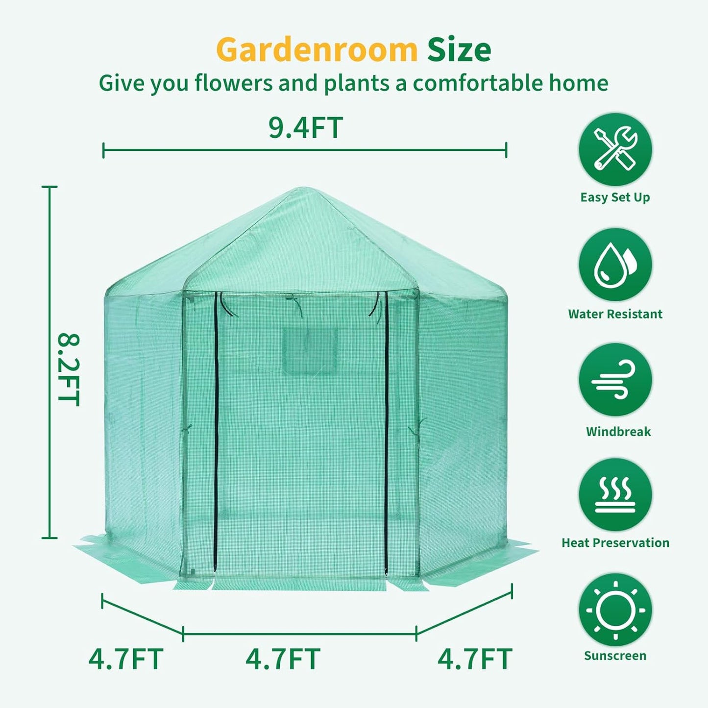 Greenhouse - Walk-in Hexagonal 13.1 * 8.6 ft, Upgraded Reinforced Frame, Heavy-Duty Plastic, Thickened Waterproof & Insulated, Ideal for Extended Growing Seasons