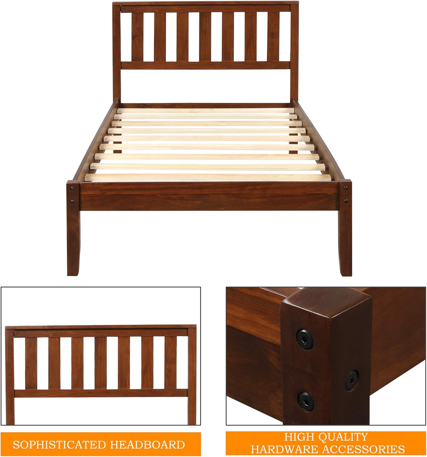 Twin Size Wood Platform Bed with Headboard and Footboard, 100% Pine Wood Frame, Strong Slat Support - Espresso, 80.2”L X 42.9”W X 36.2”H