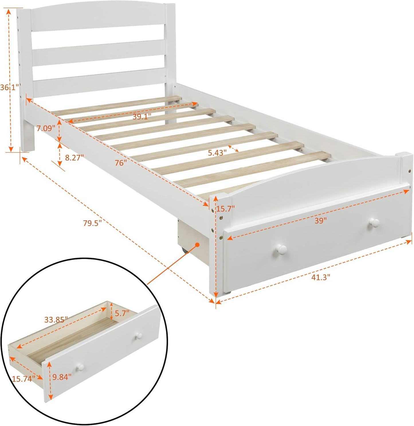 Twin Size Wood Platform Bed with Headboard and Footboard, 100% Pine Wood Frame, Strong Slat Support - Espresso, 80.2”L X 42.9”W X 36.2”H