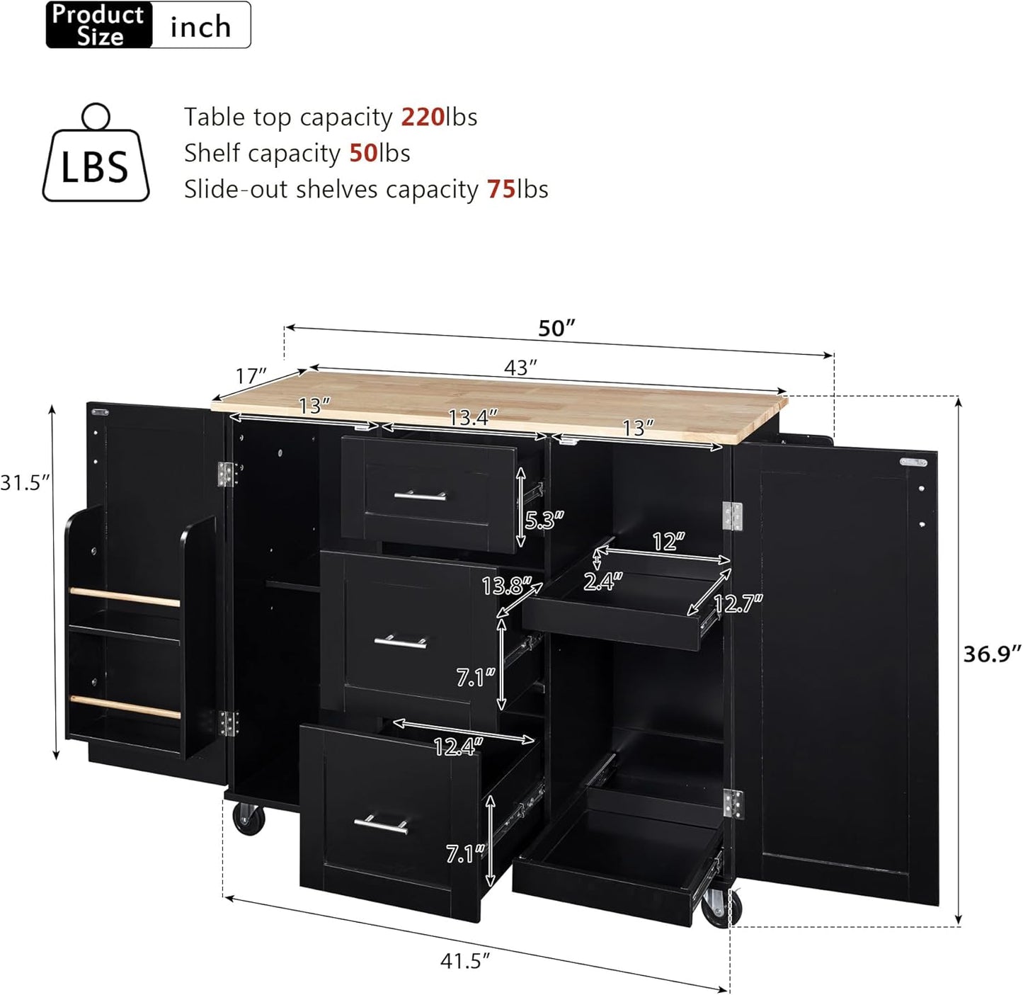 Retro Mountain Wood 47" D Kitchen Island with Drop Leaf, Accent Cabinet with Internal Storage Rack, Farmhouse Rolling Kitchen Cart on Wheels for Kitchen, Dining Room